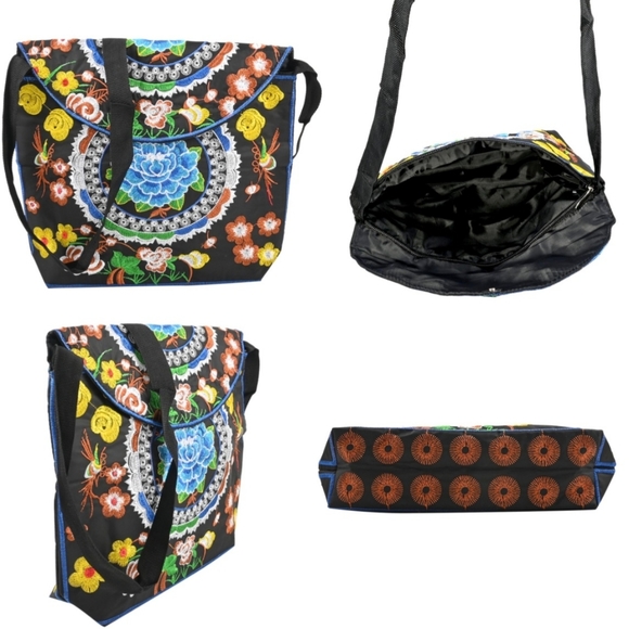 Set of 2 Blue Mix Floral Embroidery Pattern Sling Bag and Wallet New With Tags - Picture 2 of 5